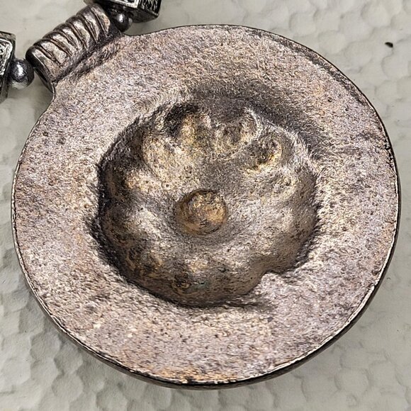 Brown Shell and Tubular Silver Tone Bead Necklace with Large Round Pendant - Picture 7 of 8